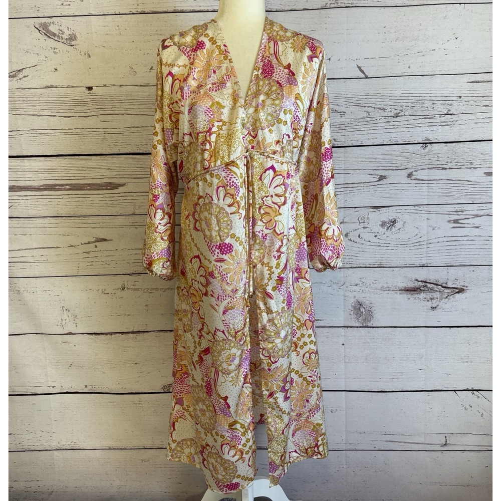 Lush Dress Womens Size S Pink Gold Lilac Print‎ V Neck Tie Maxi Hostess Gown